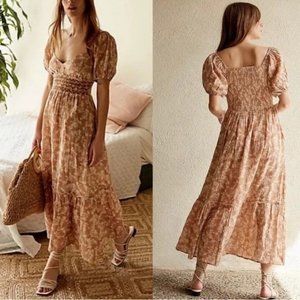 Free People Ellie Printed Maxi Dress Size M Neutral Cotton Flowy Tiered Boho